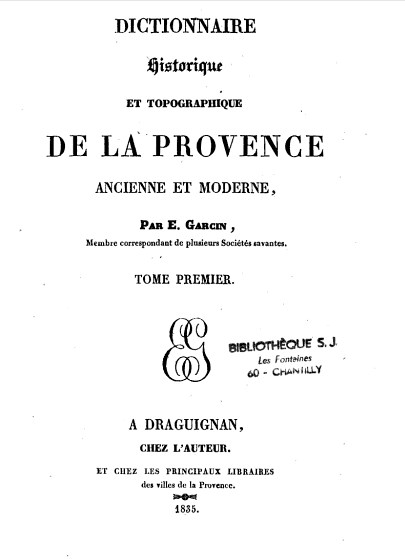Page de garde du dictionnaire de la provence de Garcin
