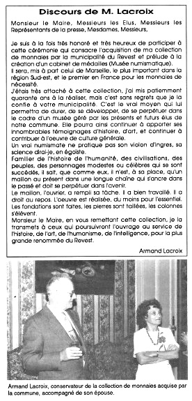 Discours d'Armand Lacroix lors de la cession de la collection de monnaies